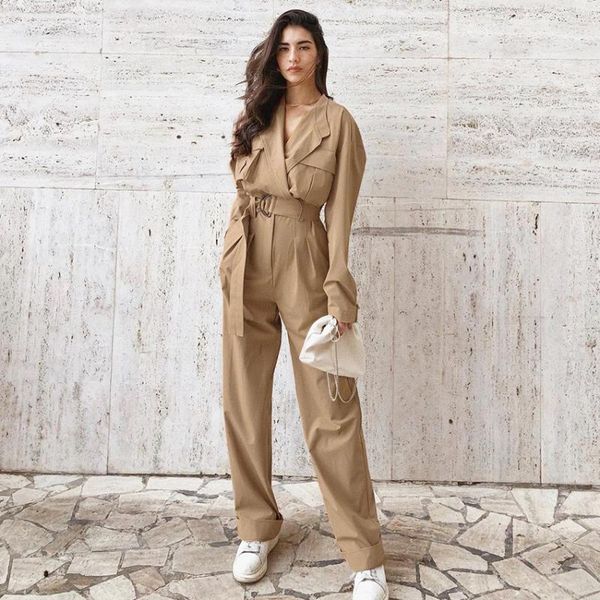 

women's jumpsuits & rompers casual khaki jumpsuit pocket high waist sashes cargo pants vintage one piece overalls office female, Black;white