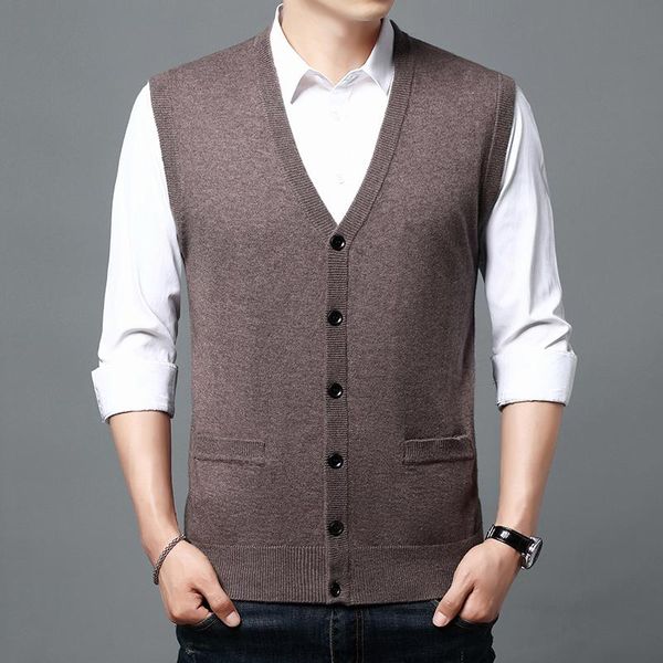 

men's sweaters solid color wool cardigan autumn & winter buttons up knitwear male sleeveless casual v-neck knit vest, White;black