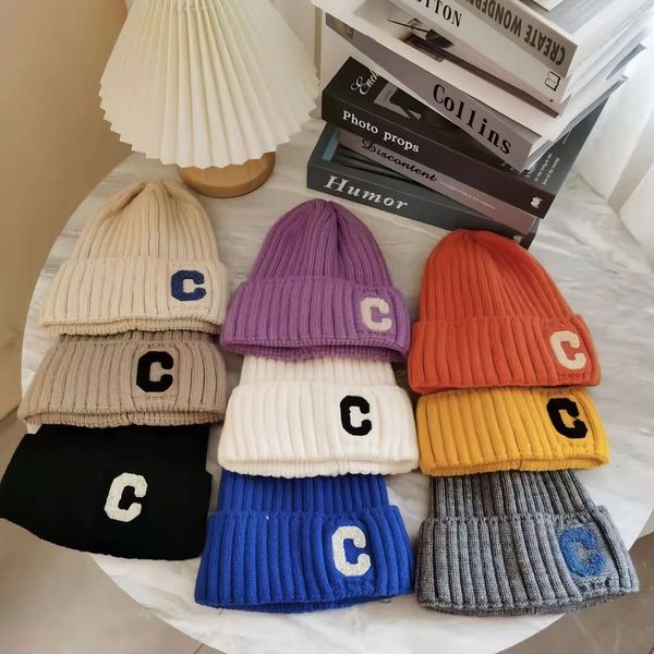 

hat autumn and winter parent-child knitted children's version tide net red c letter wool versatile warm cold man, Blue;gray