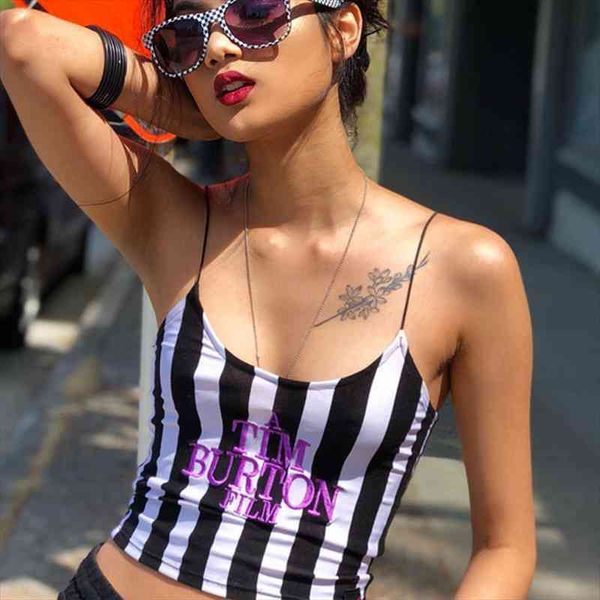 

european and american style summer women tank striped knitted vest suspenders crop top, White