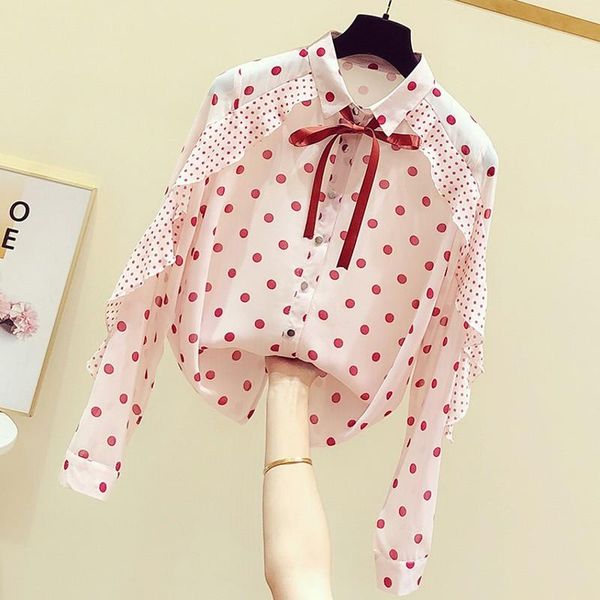 

women's blouses & shirts all-match super fairy women 2021 spring autumn polka dot pink ruffles long sleeve chiffon loose, White