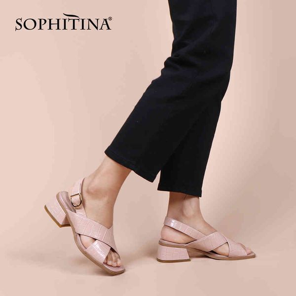 

sophitina sandals woman cross design genuine leather round toe buckle strap slingbacks med square heel daily big size shoe pc955 210513, Black