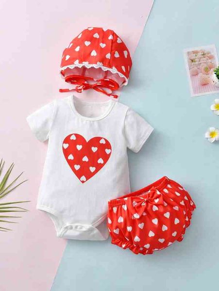 

baby heart print bodysuit & bow frilled shorts & hat she, White