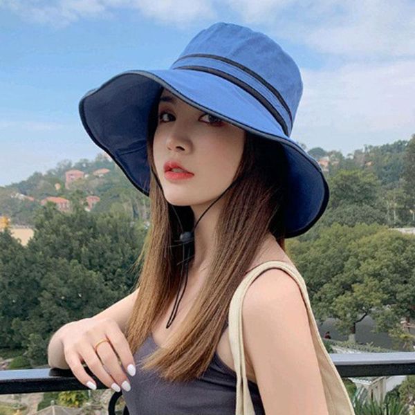 

wide brim hats summer for women ladies floppy bucket beach hat folding sun cap femal sunshade breathable, Blue;gray