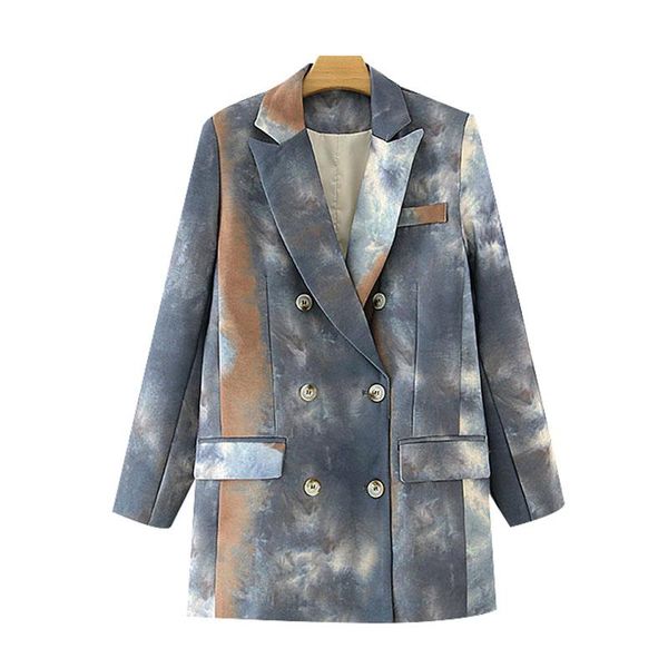 

[ewq] women 2021 fashion loose suits vintage long sleeve pockets female outerwear chic tie-dye print blazer coat 16w689 women's & blaz, White;black