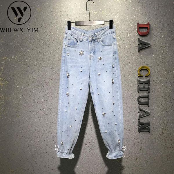 

women's jeans washed women fashion beaded high waist loose harem pants female spring trousers casual denim beam feet, Blue