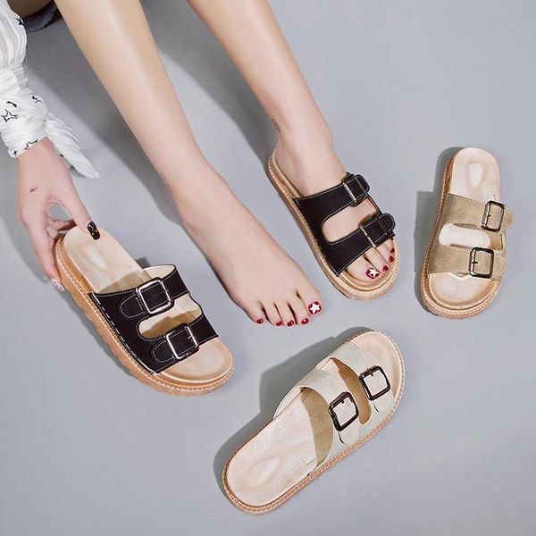 

slippers summer women slipper sandals buckle decoration beach female wedge shoes plat homeoutdoor fashion flip-flops, Black