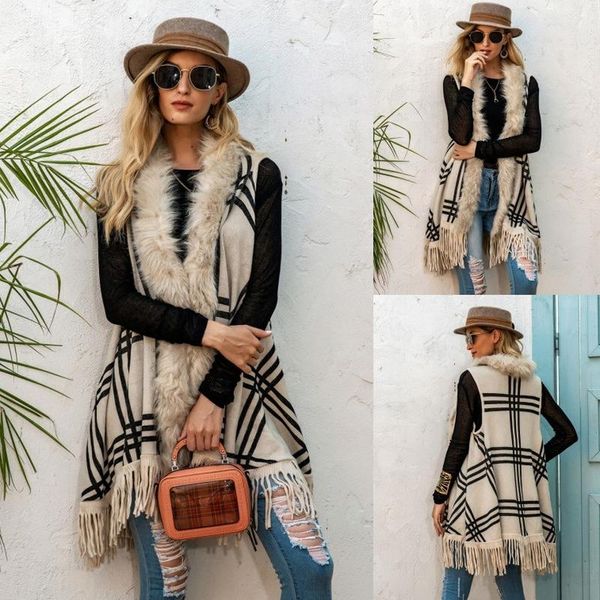 

women's vests lugentolo fur collar sleeveless jacket women plaid print fall winter fashion fringe stitching hem knitted sweater vest, Black;white