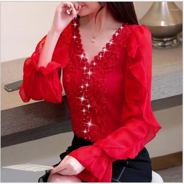 

arrival 2021 women chiffon blouse long flare sleeve shirt female pearls v-neck sweet lace basic femme solid color m429 women's blouses, White