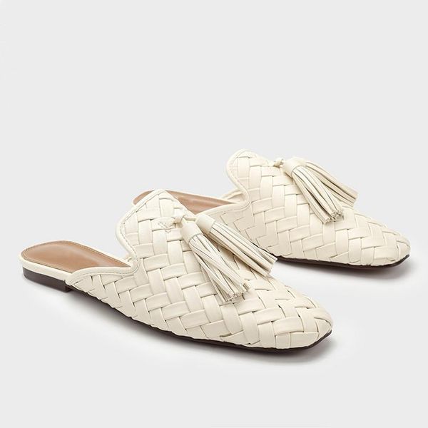 

shoes woman 2021 slippers flat cover toe female mule luxury slides low pantofle fringe mules designer soft square pu basic r, Black