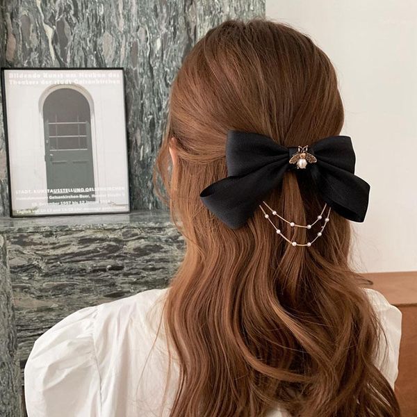 

women girls elegant pearls chain bow hairpins sweet hair ornament headband clips barrettes fashion accessories1