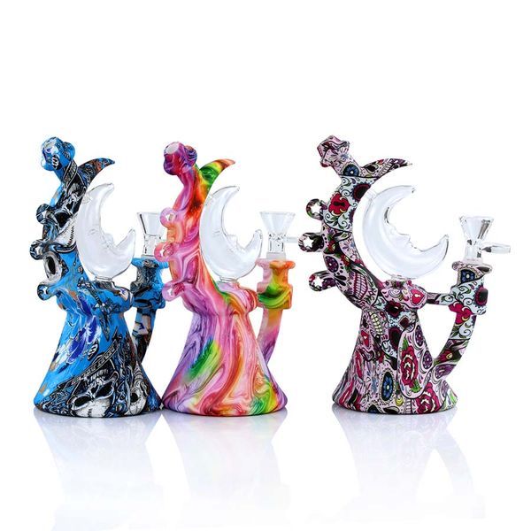 Mais novo design 7,6 '' Moon Glass Hookah Dab rig Bongs impressão com colorido arco-íris padrão tabaco cachimbo de água para fumar