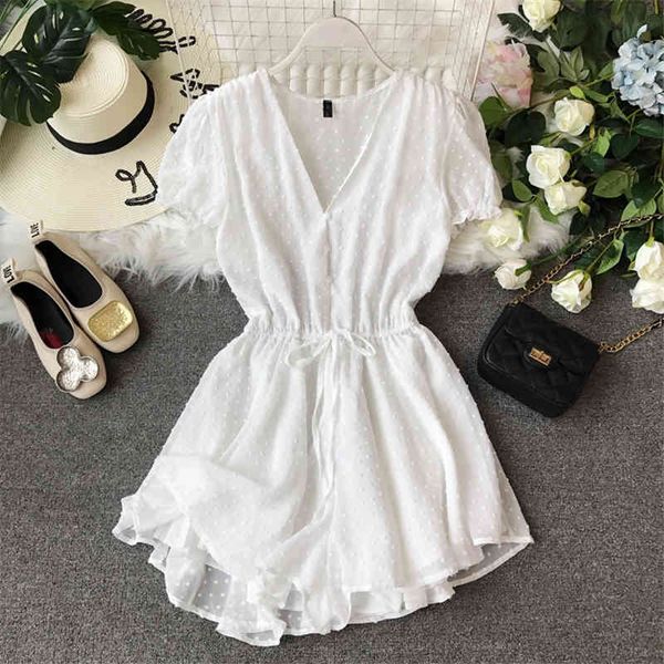 

summer vintage chiffon rompers elegant v-neck short sleeve black/red/white polka dot playsuits for female sweet jumpsuits 210426, Black;white