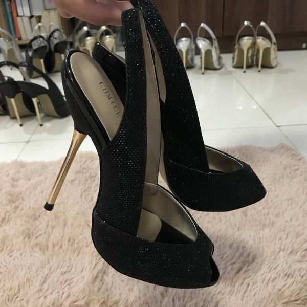 

women stiletto thin iron high heel sandals sling back peep toe black glittering party bridal ball lady shoe 3845-g5 dress shoes