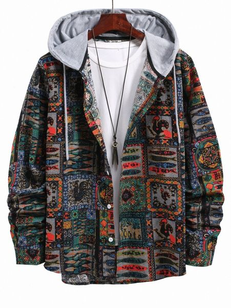 

men all over print drawstring hooded shirt c70o#, White;black