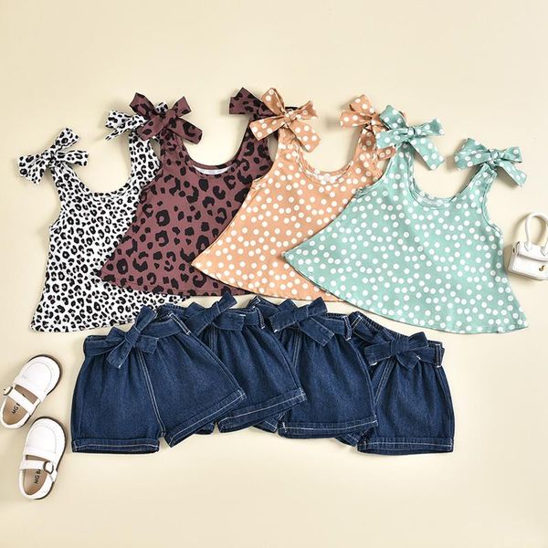 

clothing sets 2021 girl\u2021s summer two piece set fashion leisure dot/leopard suspender and solid color denim short pants, White