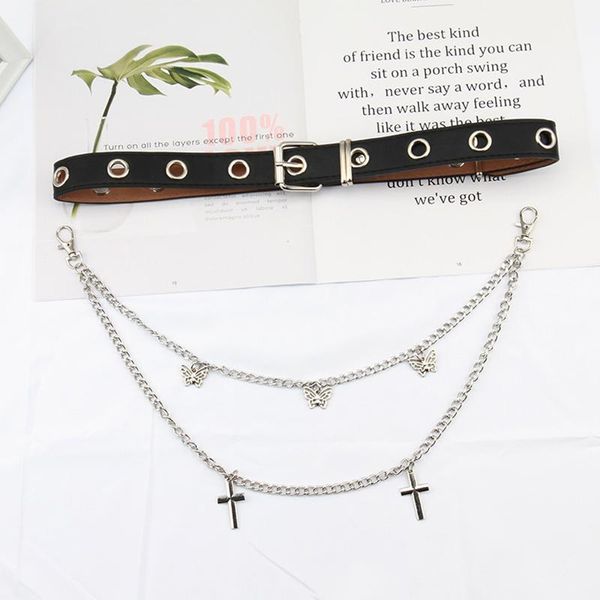

belts women punk designer single row hole pu leather two chain jeans trousers ladies waist strap fashion skirt female waistband, Black;brown