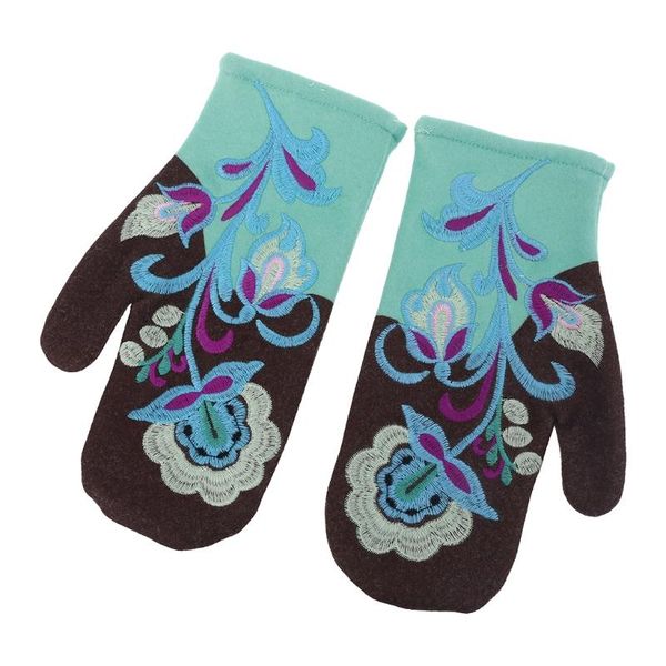 

five fingers gloves women winter faux cashmere thicken warm full finger ethnic vintage colorful floral embroidered outdoor windproof 094b, Blue;gray