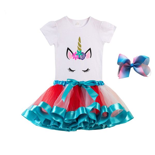 

two piece suit unicorn t-shirt pleated tutu skirt gift bow headwear baby toddler woman clothing christmas summer 27 8cw k2, White