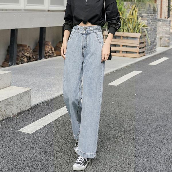 

vintage straight jeans for women fashionable casual streetwear style jeansy loose high waist wide pants women's, Blue