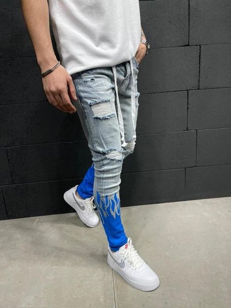 

men's jeans 2021 printed flame fashion european and american slim ripped with personalized denim tethered, Blue