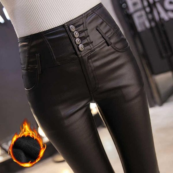 

women's leggings icclek winter warm women pants drop female pu leather velvet trousers elastic pencil skinny tigh, Black