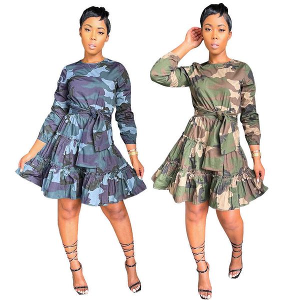 

autumn al176 women's drs long sleeve camouflage print a-line skirt middle cake, Black