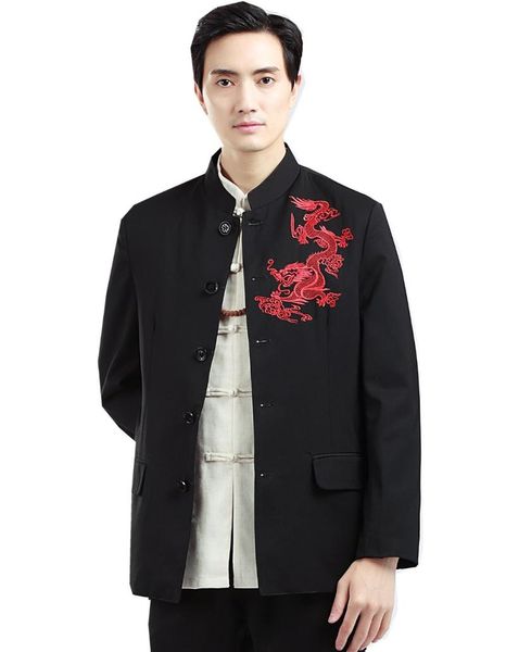 ethnic clothing shanghai story long sleeve chinese traditional button men's dragon embroidery mandarin collar jacket for men, Red