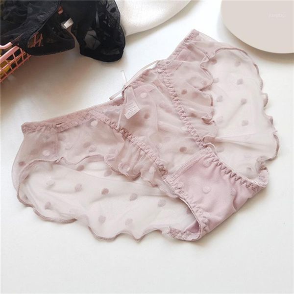 

women's panties dot print mesh women briefs bow knot ruffles low waist underpanties soft breathable female underwear, Black;pink