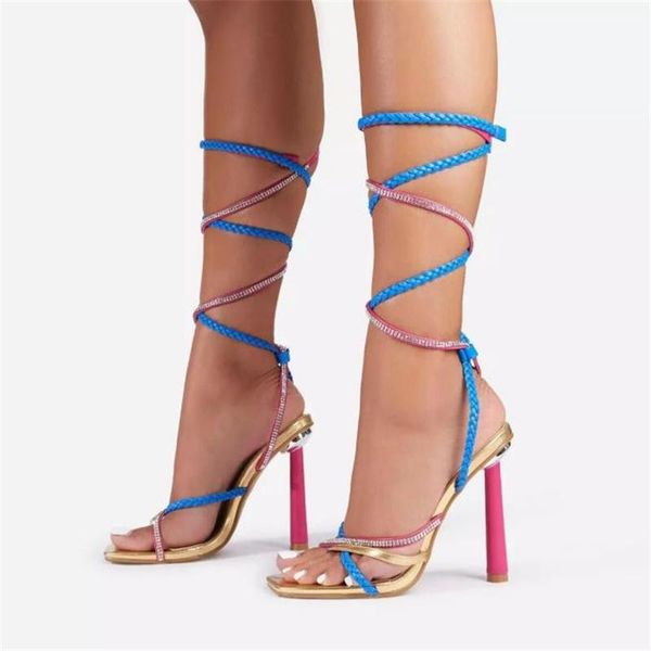 

sandals fashion lace up women rhinestone crystal ladies pumps ankle strap open toe cross tied party shoes 12cm heel, Black