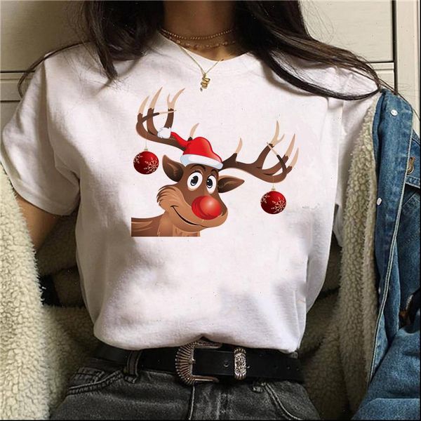 

women harajuku female christmas t shirt cartoon deer o neck punk clothes streetwear casual clothing, White