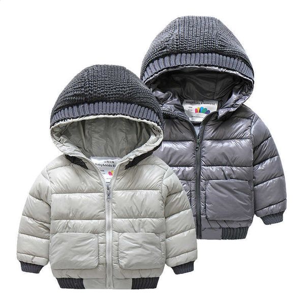 Холодная зима 4 6 8 10 12 лет ватный хлопок мягкие вязаные лоскутное утолщение с капюшоном с капюшоном сплошной куртки пальто для детей Baby Boys 210529