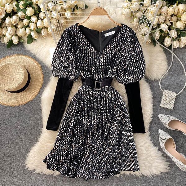 

lady fashion bling glitter mini a-line dress 2021 women autumn and winter long sleeve slim elegant vestidos q436 casual dresses, Black;gray