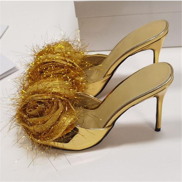 

flower decor women slippers gold 10cm high heel sandals genuine leather prom dress shoes woman fashion slides mules big size, Black