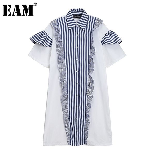 

[eam] women blue striped ruffles big size shirt dress lapel half sleeve loose fit fashion spring summer 1dd7662 210512, Black;gray