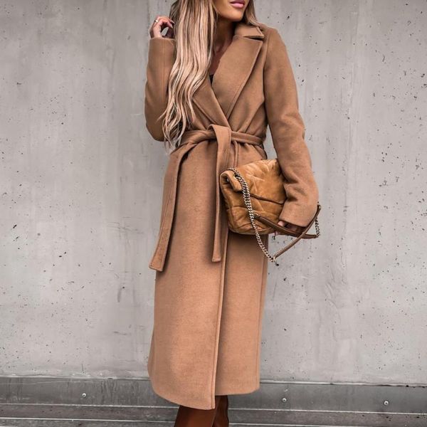

women's trench coats women oversize coat solid color belt autumn winter turndown collar split hem overcoat, Tan;black