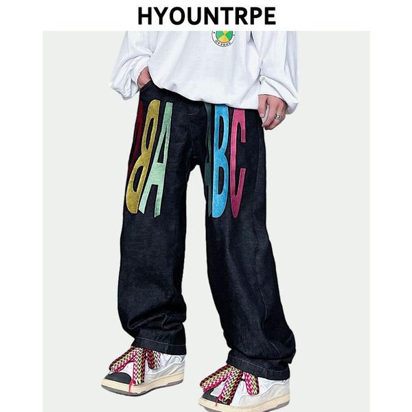 

men's jeans mens jean pants letter embroidery denim straight casual zipper trousers hip hop streetwear loose joggers pant, Blue