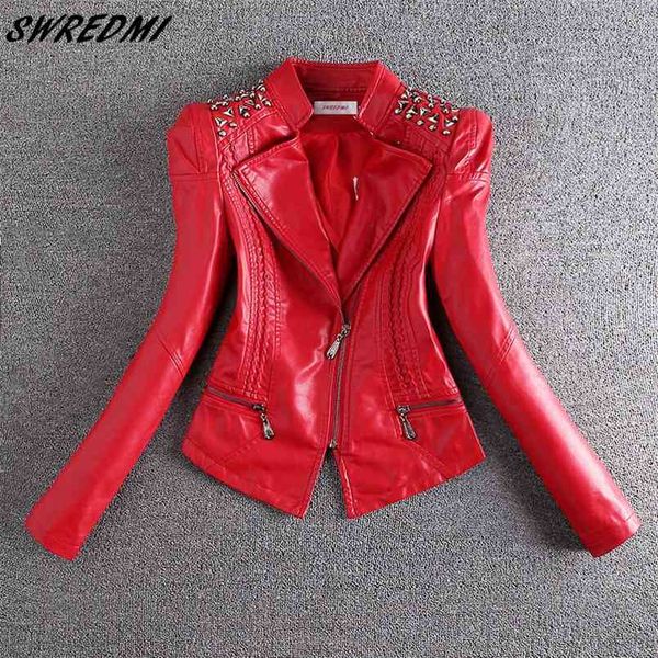 Swredmi Moda Red Motocicleta Casaco de Couro Mulheres Rivet Zíperes Biker Casaco de Couro Plus Size S-3XL Suede Outerwear 210916