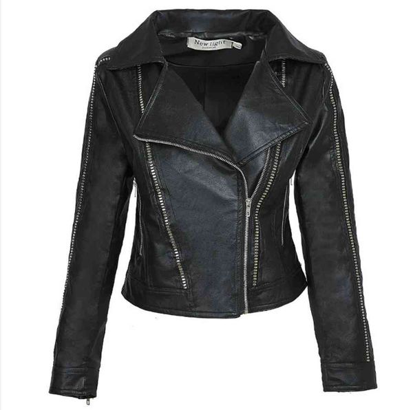 

leather jacket high fashion men belt style zipper splicing short lapel for women, Black
