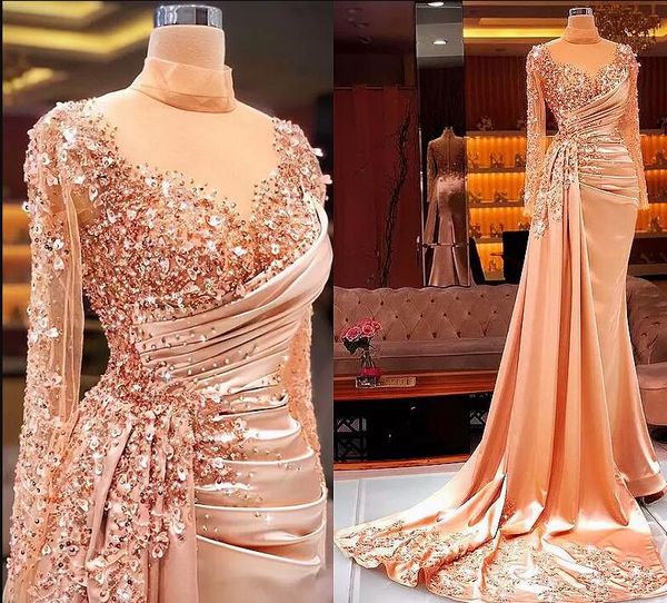 Sparking Glitter Mermaid Prom Dresses Paillettes Appliques di perline Abito da sera Custom Made maniche lunghe Aso Ebi Celebrity Party Gown