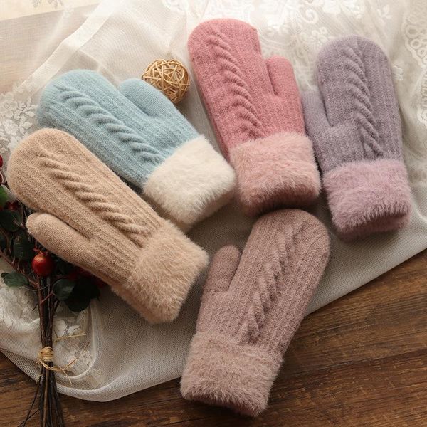 

five fingers gloves korean plus velvet knit wool cute twist cold bicycle women' winter full finger double layer thick warm driving mit, Blue;gray