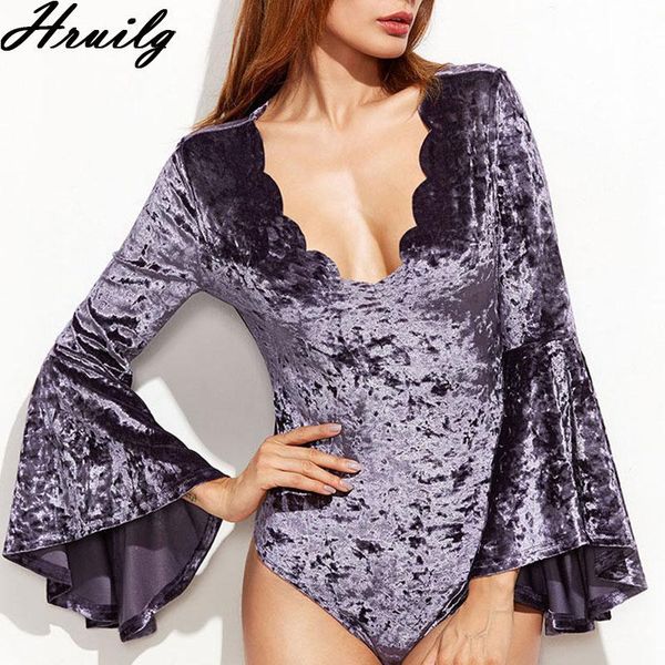 

women rompers and jumpsuites 2021 flared sleeves wave collar purple elegant jumpsuit fashion bodysuit long sleeve women's jumpsuits &, Black;white