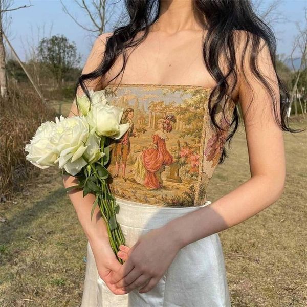

belts women summer strapless bustier tube retro european madam floral graphic cropped camisole lace-up corset vest, Black;brown