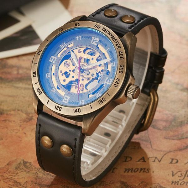

wristwatches shenhua brand mens mechanical watches for males retro automatic skeleton steampunk leather luxury gifts, Slivery;brown