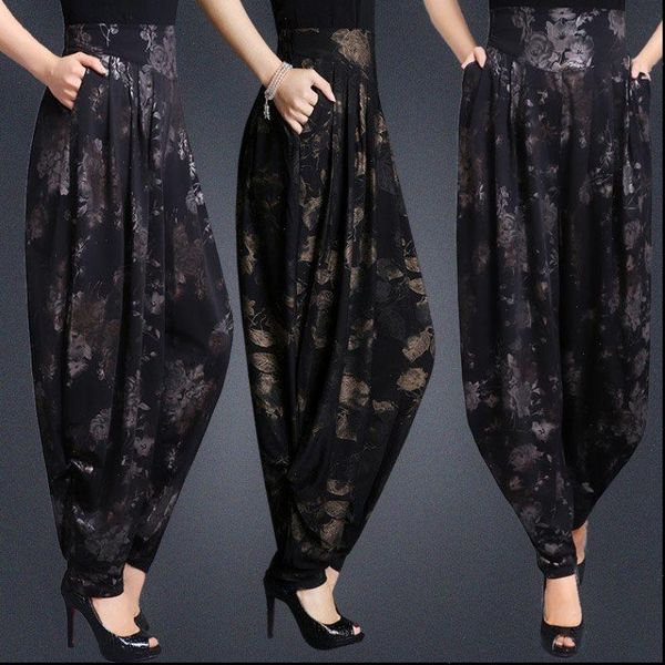 

womens capris women super loose elegant harem pants elastic waist casual trousers chiffon fashion female long, Black;white