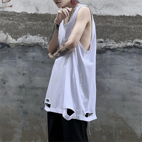 

men's t-shirts 100% cotton sleeveless hole distressed ripped hip hop basketball fashion summer men women t shirt short sleeve long stre, White;black
