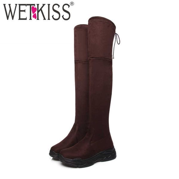 

wetkiss stretch women boots round toe flock footwear over the knee female boot fashion casual platform shoes women winter 210630, Black