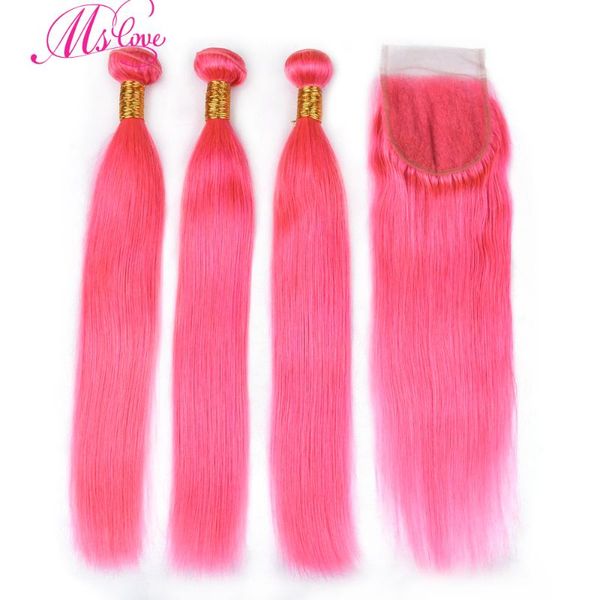 

human hair bulks ms love pre colored pink straight bundles with closure 100% 4*4 remy extensions, Black