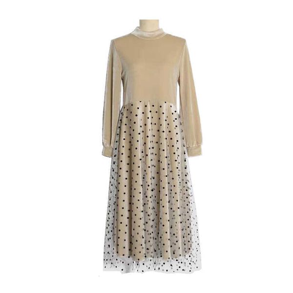 

perhaps u champagne velvet stand collar long sleeve bow mesh patchwork polka dot midi dress elegant fit and flare spring d0898 210529, Black;gray