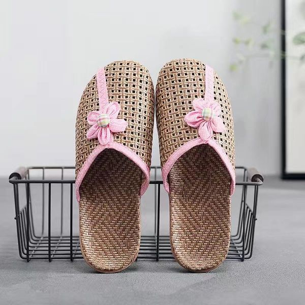 

women summer shoes breathable linen slippers casual flat slides with flower ladies home slip on flax bow sandals, Black